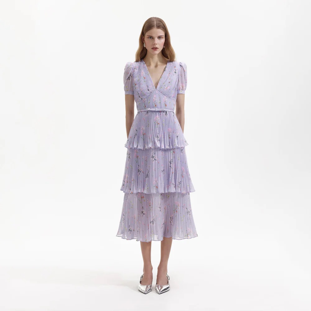 Self Portrait Lilac Floral Chiffon Midi Dress